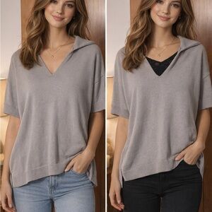 H&M Top with Collar in a light beige, loose-fit, viscose-blend jersey. Size L.